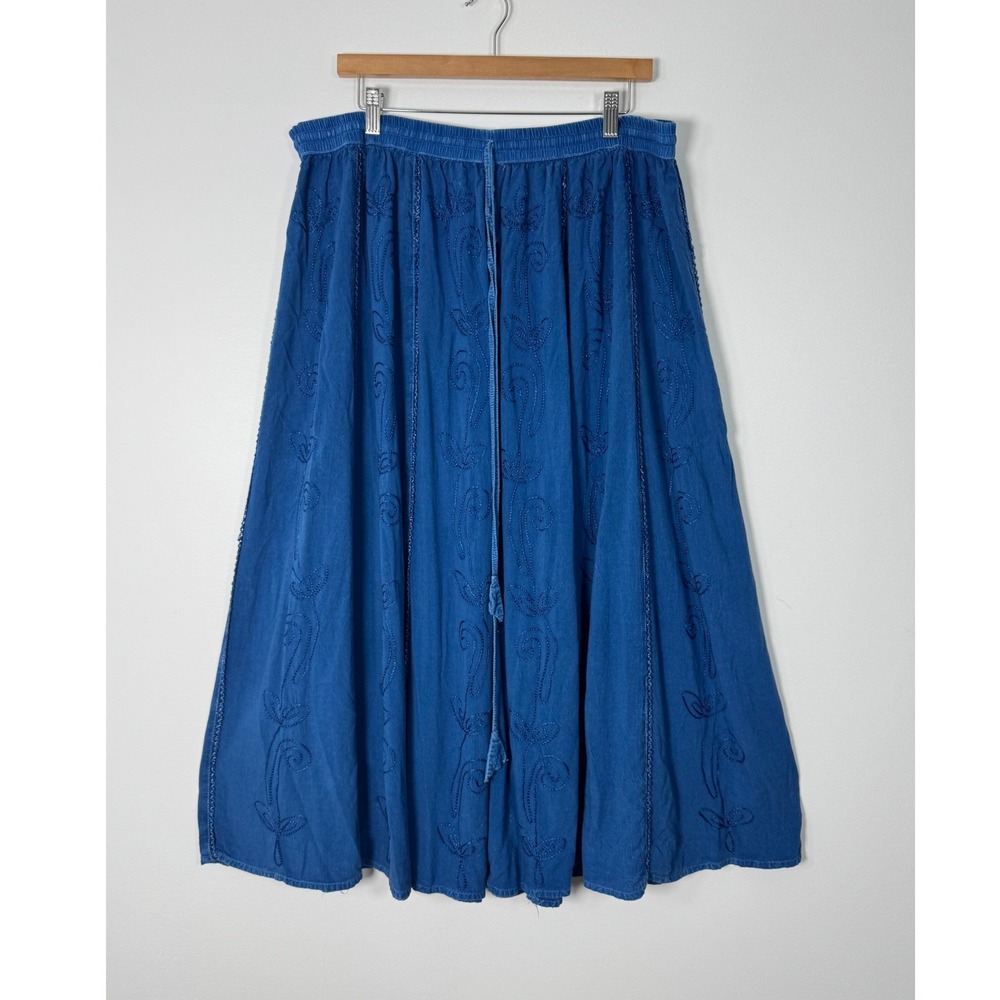 Boho Catalog Classics Womens 1X Midi Skirt Blue Embroidered Rayon Lace Tassel